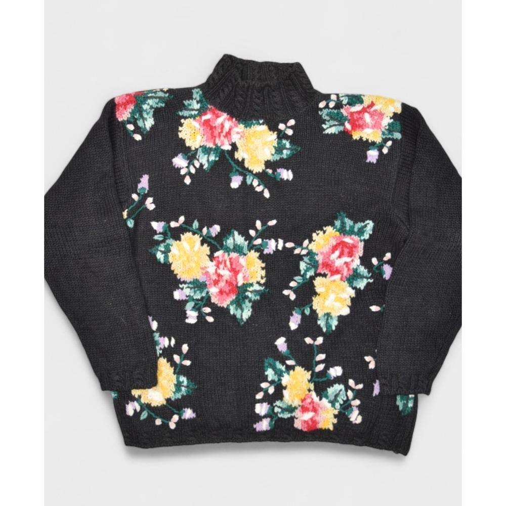 Jennifer Reed Sweater Womens Large Black Floral Hand Knit Ramie Mock Pullover